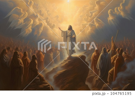 Crowd of Orthodox believers stretches their hands to the angels soaring in heaven AI Crowd of Orthodox believers stretches their hands to the angels soaring in heaven AI 104765195