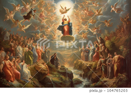 Apostles with wings soar in the sky above the crowd of the righteous AI 104765203
