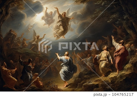 Crowd of Orthodox believers stretches their hands to the angels soaring in heaven AI Crowd of Orthodox believers stretches their hands to the angels soaring in heaven AI 104765217