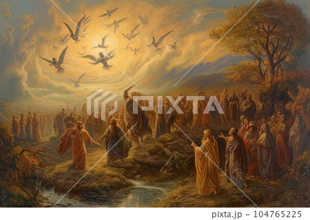 Crowd of Orthodox believers stretches their hands to the angels soaring in heaven AI 104765225