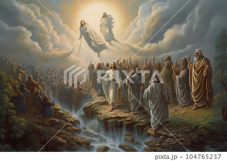 Crowd of Orthodox believers stretches their hands to the angels soaring in heaven AI Crowd of Orthodox believers stretches their hands to the angels soaring in heaven AI 104765237