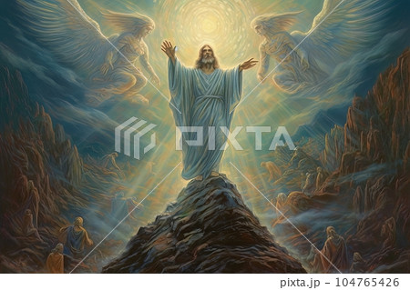 Jesus Christ Lord God stands on a rock and reads a sermon AI 104765426