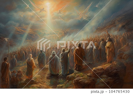 Biblical abstract illustration pilgrimage of believers to a sacred place AI 104765430