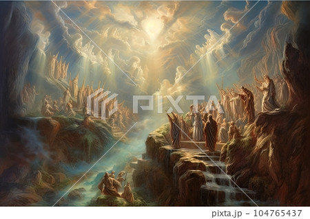 Biblical abstract illustration pilgrimage of believers to a sacred place AI 104765437