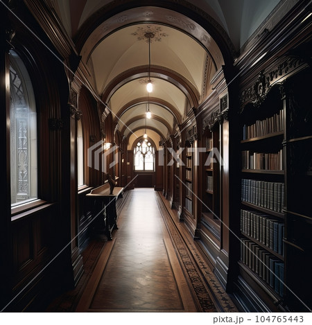 Interior of a luxurious library with wooden shelving and large windows AI Interior of a luxurious library with wooden shelving and large windows AI 104765443