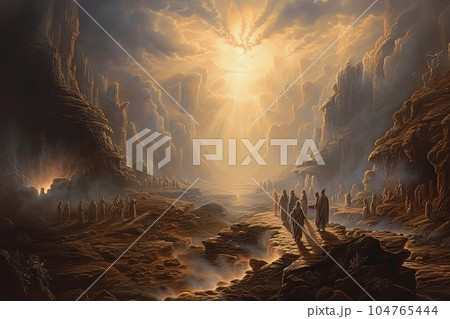 Biblical abstract illustration pilgrimage of believers to a sacred place AI Biblical abstract illustration pilgrimage of believers to a sacred place AI 104765444