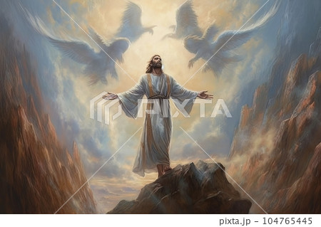 Jesus Christ Lord God stands on a rock and reads a sermon AI 104765445