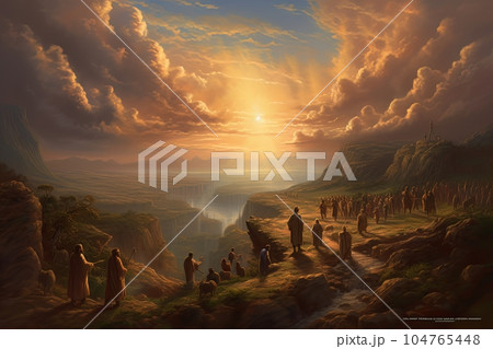 Biblical abstract illustration pilgrimage of believers to a sacred place AI Biblical abstract illustration pilgrimage of believers to a sacred place AI 104765448