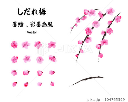 しだれ梅の墨絵 ベクターイラストセット しだれ梅の墨絵 ベクターイラストセット 104765599