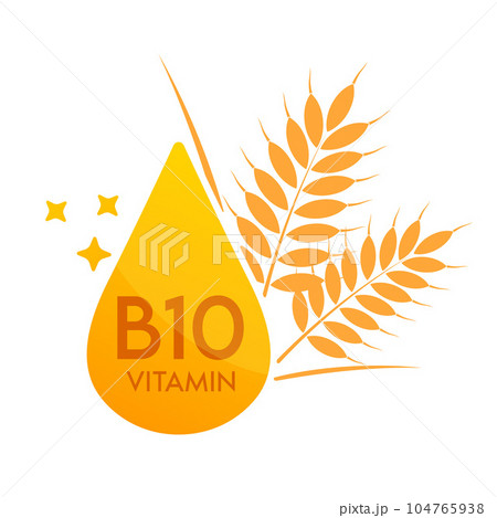 Vitamin B10 icon with wheat cereal orange. Form drop serum simple line isolated on a white background. Design for use in web, app and print media. Medical food supplement symbol concept. Vector EPS10. Vitamin B10 icon with wheat cereal orange. Form drop serum simple line isolated on a white background. Design for use in web, app and print media. Medical food supplement symbol concept. Vector EPS10. 104765938