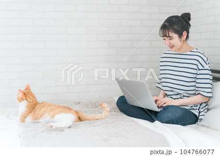 家で猫と一緒にパソコンでテレワーク・リモートワークする女性（アニマルセラピー・在宅勤務・在宅ワーク） 104766077