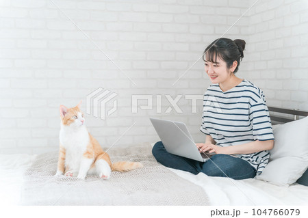 家で猫と一緒にパソコンでテレワーク・リモートワークする女性（アニマルセラピー・在宅勤務・在宅ワーク） 104766079