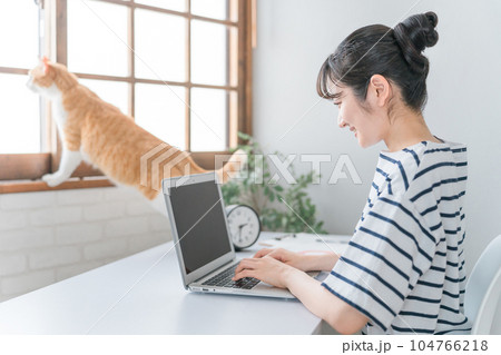 家で猫・ペットと一緒に仕事する女性(在宅勤務・テレワーク・リモートワーク・ネコハラ) 家で猫・ペットと一緒に仕事する女性(在宅勤務・テレワーク・リモートワーク・ネコハラ) 104766218