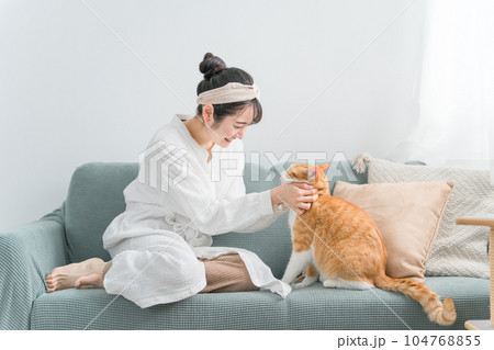 猫にしつけをする飼い主の女性（教える） 104768855
