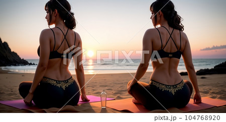 Team young healthy beautiful woman posing practice yoga on ocean or sea beach, wonderful evening sky and water background, healthy exercise lifestyle concept. Summer Vacation Meditation. Generative AI 104768920