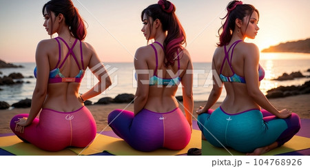 Team young healthy beautiful woman posing practice yoga on ocean or sea beach, wonderful evening sky and water background, healthy exercise lifestyle concept. Summer Vacation Meditation. Generative AI 104768926