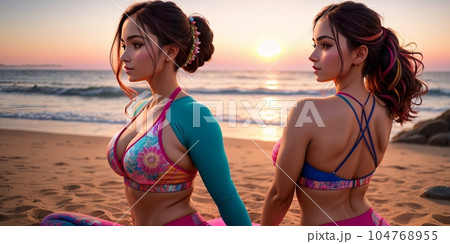 Team young healthy beautiful woman posing practice yoga on ocean or sea beach, wonderful evening sky and water background, healthy exercise lifestyle concept. Summer Vacation Meditation. Generative AI 104768955