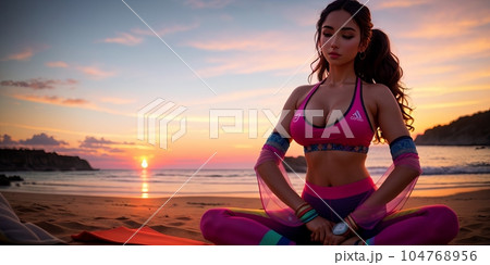 Young woman yoga practice relaxation in class exercise with pose fitness sport for healthy on the beach and seaside at sunrise or sunset relax holiday vacation evening time in summer. Generative AI 104768956