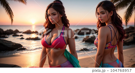 Team young healthy beautiful woman posing practice yoga on ocean or sea beach, wonderful evening sky and water background, healthy exercise lifestyle concept. Summer Vacation Meditation. Generative AI 104768957
