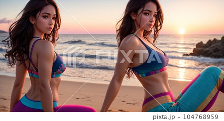 Two incredibly beautiful sexy girl models in bikini on the sea shore of a tropical island, brunette, bronze tan, travel summer vacation, fashion style. Evening sky and water background. Generative AI 104768959