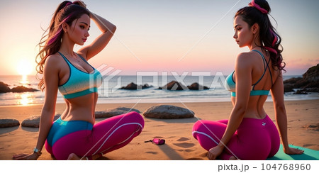 Team young healthy beautiful woman posing practice yoga on ocean or sea beach, wonderful evening sky and water background, healthy exercise lifestyle concept. Summer Vacation Meditation. Generative AI 104768960