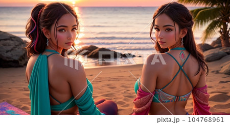 Two incredibly beautiful sexy girl models in bikini on the sea shore of a tropical island, brunette, bronze tan, travel summer vacation, fashion style. Evening sky and water background. Generative AI 104768961