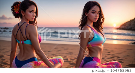 Team young healthy beautiful woman posing practice yoga on ocean or sea beach, wonderful evening sky and water background, healthy exercise lifestyle concept. Summer Vacation Meditation. Generative AI 104768962