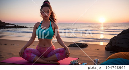 Young woman yoga practice on mat relaxation, exercise with pose fitness sport for healthy on the beach and seaside at sunrise or sunset relax holiday vacation evening time in summer. Generative AI 104768963