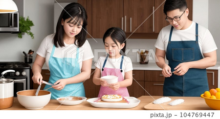 Overjoyed young family with little preschooler daughter have fun doing bakery in kitchen together, happy parents enjoy weekend with small girl child baking pastries, making pie at home. Generative AI 104769447