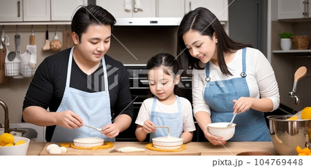 Overjoyed young family with little preschooler daughter have fun doing bakery in kitchen together, happy parents enjoy weekend with small girl child baking pastries, making pie at home. Generative AI 104769448