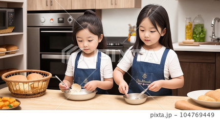 Portrait of enjoy happy love asian little toddler siblings girl daughter child having fun cooking together for homemade bake cookie and cake ingredient on table kitchen. Generative AI 104769449