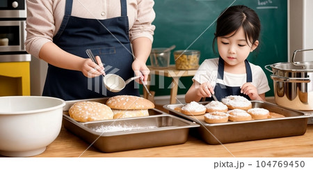 Overjoyed young family with little preschooler daughter have fun doing bakery in kitchen together, happy parents enjoy weekend with small girl child baking pastries, making pie at home. Generative AI 104769450