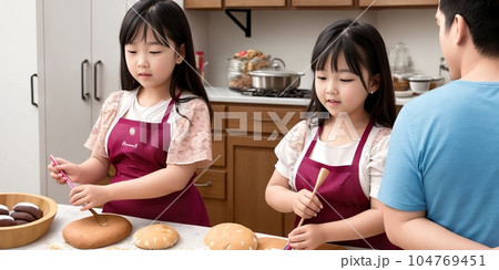 Overjoyed young family with little preschooler daughter have fun doing bakery in kitchen together, happy parents enjoy weekend with small girl child baking pastries, making pie at home. Generative AI 104769451