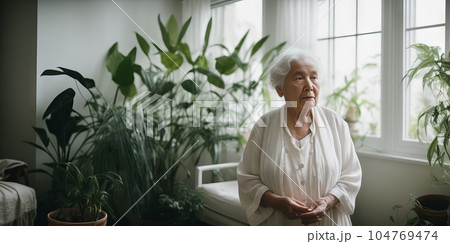 Senior caucasian woman looking away deep in sad thoughts feels lonely in nursing home, recollect memories and life moments, depressed grandmother alone indoors, yearning for husband. Generative AI 104769474