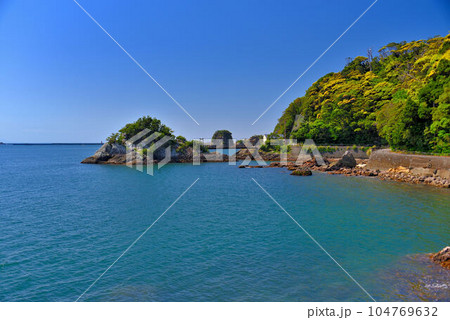 伊豆半島・南伊豆・雁島・静かな下田湾と、湾内に浮かぶ小さな無人島、雁島の眺め・静岡県下田市(2) 104769632