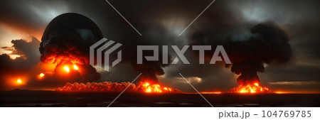 Nuclear explosion. Terrible atomic explosion of a nuclear bomb with a mushroom cloud of radioactive dust. Hydrogen bomb test. Nuclear catastrophe. Way to nuclear war. Generative AI 104769785