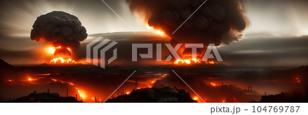 Nuclear explosion. Terrible atomic explosion of a nuclear bomb with a mushroom cloud of radioactive dust. Hydrogen bomb test. Nuclear catastrophe. Way to nuclear war. Generative AI 104769787