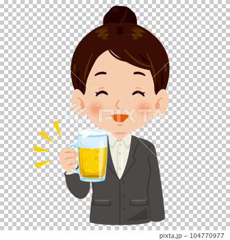 一位身穿西裝、一手拿著啤酒微笑的年輕女子 104770977