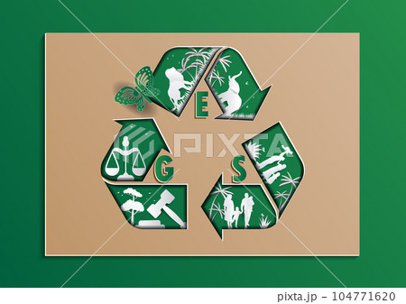 ESG recycle Image illustration With nature, animals and people as elements in Brown paper on the green background, (ESG) environmental social governance Paper cut art out style concepts. 104771620