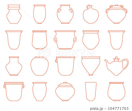 Vector pot and jug icon set. Vector contour illustration. Traditional crockery for food Vector pot and jug icon set. Vector contour illustration. Traditional crockery for food 104771703