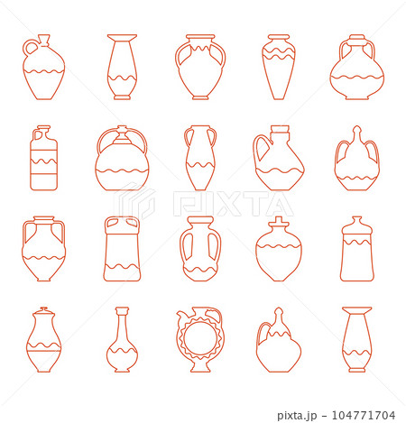 Set ceramic pots in minimalist linear style. Vector illustration with decorative elements Set ceramic pots in minimalist linear style. Vector illustration with decorative elements 104771704