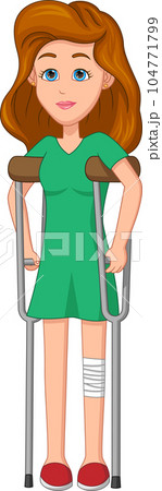 happy girl broke leg using crutches 104771799