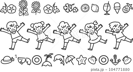 笑顔でジャンプする子供たちと夏イメージのグッズ 104771880
