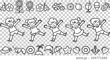 笑顔でジャンプする子供たちと夏イメージのグッズ 104771880