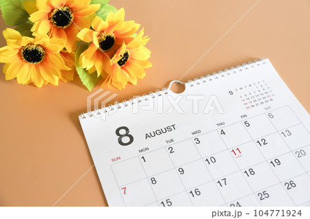 8月のカレンダーとひまわり 8月のカレンダーとひまわり 104771924