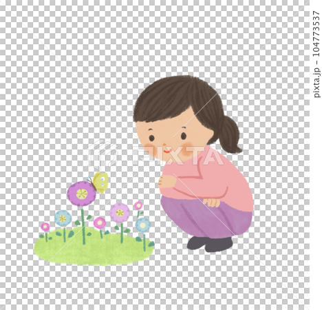 A girl crouching down looking at flowers and butterflies 104773537