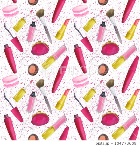 Seamless pattern mascara, blush, brush, lipstick, lip gloss, cosmetic bag, macarons. Watercolor illustrations on white background with color spots. Hand drawn. Pink Seamless pattern mascara, blush, brush, lipstick, lip gloss, cosmetic bag, macarons. Watercolor illustrations on white background with color spots. Hand drawn. Pink 104773609