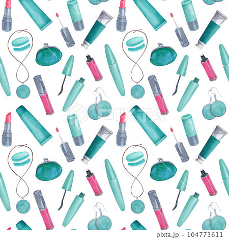Seamless pattern mascara, blush, brush, lipstick, lip gloss, earrings, pendant, cosmetic bag, tubes of cream, macarons. Watercolor illustrations on white background. Hand drawn. Turquoise. Silver 104773611