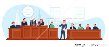 Trial in courtroom. Lawyer asks questions to witness. Courthouse interior. Judge and jury at wooden tribunes. Law tribunal. Prosecutor and defendant attorney. Vector jurisdiction concept Trial in courtroom. Lawyer asks questions to witness. Courthouse interior. Judge and jury at wooden tribunes. Law tribunal. Prosecutor and defendant attorney. Vector jurisdiction concept 104773880