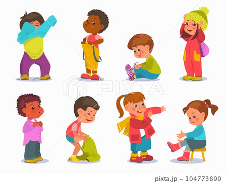 Cute boys and girls dressing up. Kids put on clothes and shoes. Happy children change clothing. Independence little people. Self-reliant babies with sweaters and pants. Splendid vector set Cute boys and girls dressing up. Kids put on clothes and shoes. Happy children change clothing. Independence little people. Self-reliant babies with sweaters and pants. Splendid vector set 104773890